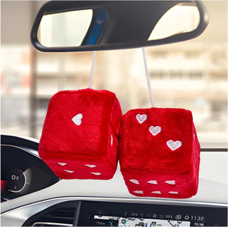 ZNDAW 2 PCS Fuzzy Plush Dice for Car Mirror, 2.75" Retro Square Heart Shape Car Rearview Mirror Cute Decor, Fluffy Dice Vehicle Hanging Ornament Decoration Interior for Women (Red) - Image 1
